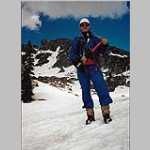 Big Agnes Mtn 16 July 1995, Hero Shot: Ted at the base of Big Agnes west snowfield;