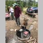 grilling New York Strip steaks (from 307 Meats in Laramie) at our Seedhouse campsite.